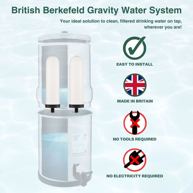 Unique handcrafted gravity water filter system with dual ceramic filters, designed for easy installation and use without tools or electricity, featured in Appliances and Emergency Supplies collections.
