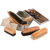 Wooden shoe care set featuring multiple brushes with natural bristles arranged beside a metal storage box and instruction booklet for cleaning and polishing footwear, ideal for cleaning utensils and best sellers collections.