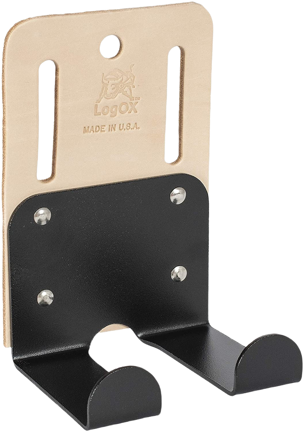 Leather and heavy gauge steel hauler holster with rust-resistant black epoxy coating, crafted in the USA for hands-free use in Farm, Garden & Tool and Wood Cutting and Hauling collections.
