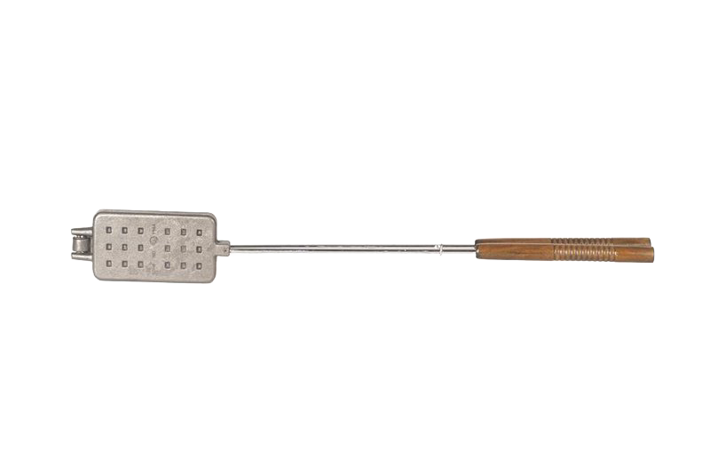 Square cast iron waffle maker with metal handle and wooden grips, designed for campfire cooking, featured in Farm, Garden & Tool, Camping, Best Sellers, and Promo Eligible collections.