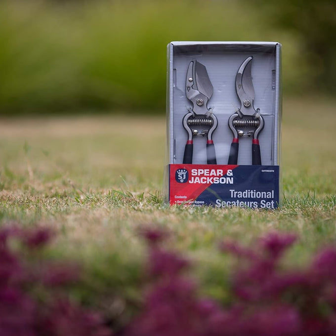 Set of two stainless steel garden pruners with red handles packaged for gifting, ideal for precise cutting of live and dead plants in Farm, Garden & Tool and Lawncare collections.
