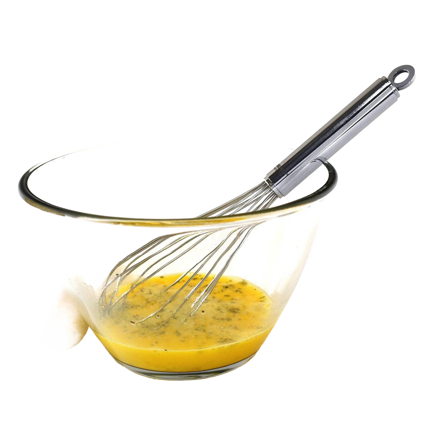 Professional-quality stainless steel whisk resting in a clear glass bowl with whisked egg mixture, ideal for Kitchen & Food, Baking Supplies, Cookware, and Kitchen Gadgets collections.