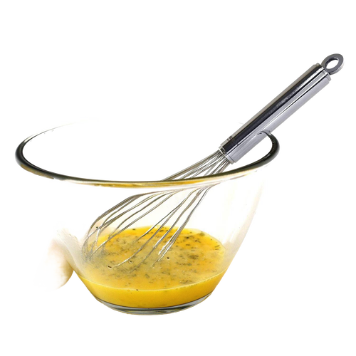 Professional-quality stainless steel whisk resting in a clear glass bowl with whisked egg mixture, ideal for Kitchen & Food, Baking Supplies, Cookware, and Kitchen Gadgets collections.