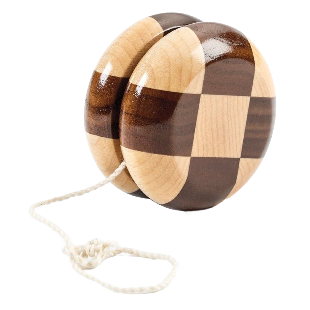 Handcrafted checkered wooden yo-yo made of smooth maple and walnut with gleaming finish, Amish made in the USA, ideal for indoor play and featured in toys, wooden toys, and best sellers collections.