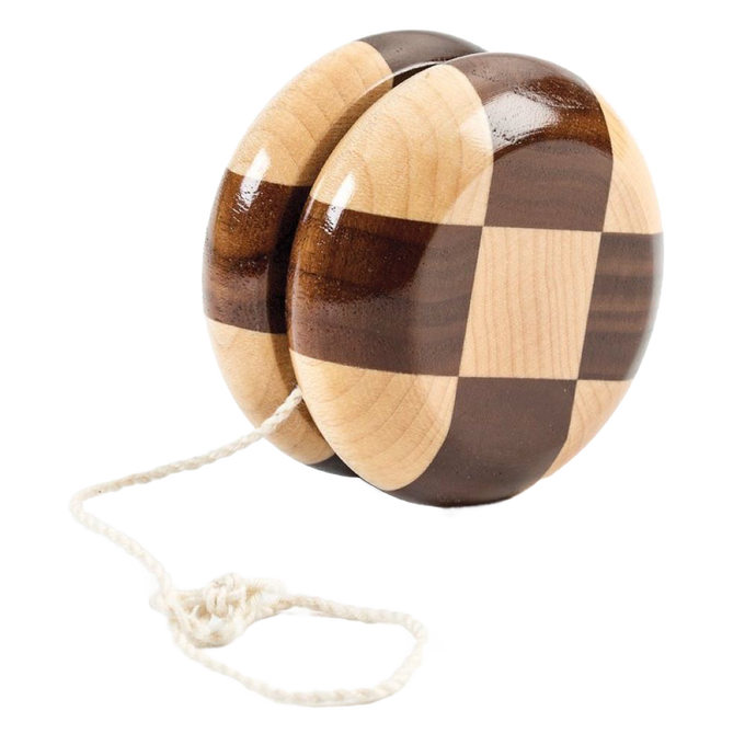 Handcrafted checkered wooden yo-yo made of smooth maple and walnut with gleaming finish, Amish made in the USA, ideal for indoor play and featured in toys, wooden toys, and best sellers collections.