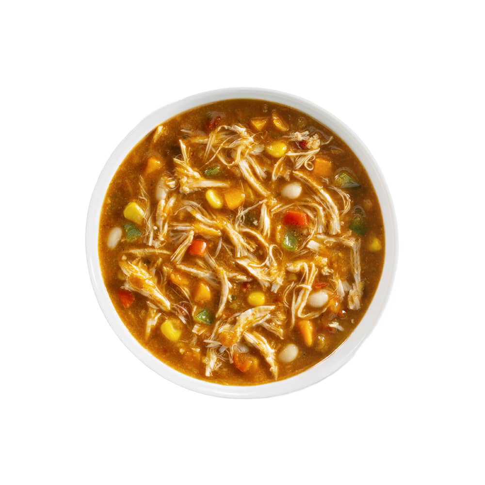 Bowl of handcrafted gluten-free soup with shredded chicken, corn, beans, and colorful vegetables in a rich broth, featured in Kitchen & Food, Pantry, Soups, and Best Sellers collections.