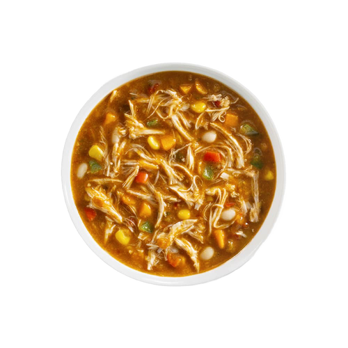 Bowl of handcrafted gluten-free soup with shredded chicken, corn, beans, and colorful vegetables in a rich broth, featured in Kitchen & Food, Pantry, Soups, and Best Sellers collections.