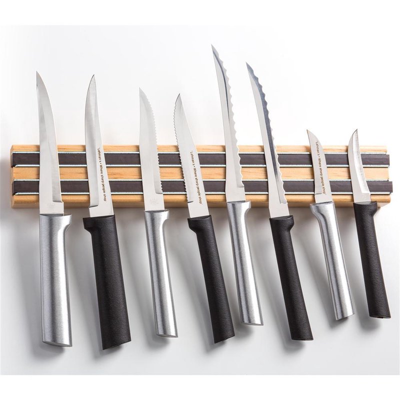 Heavy duty handcrafted hardwood magnetic knife holder mounted with eight assorted knives featuring stainless steel blades and black or silver handles, suited for Farm, Garden & Tool, Kitchen & Food, Knives & Axes, Accessories & Maintenance, Food Prep, and Best Sellers collections.