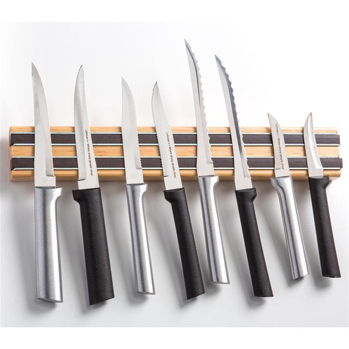 Heavy duty handcrafted hardwood magnetic knife holder mounted with eight assorted knives featuring stainless steel blades and black or silver handles, suited for Farm, Garden & Tool, Kitchen & Food, Knives & Axes, Accessories & Maintenance, Food Prep, and Best Sellers collections.