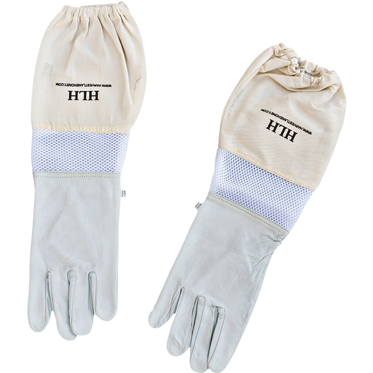 Pair of light-colored beekeeping gloves made from smooth goatskin with vented fabric cuffs and elastic wristbands, designed for protection and dexterity in farm, garden, and beekeeping tasks.