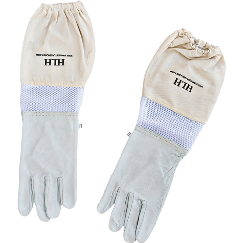 Pair of light-colored beekeeping gloves made from smooth goatskin with vented fabric cuffs and elastic wristbands, designed for protection and dexterity in farm, garden, and beekeeping tasks.