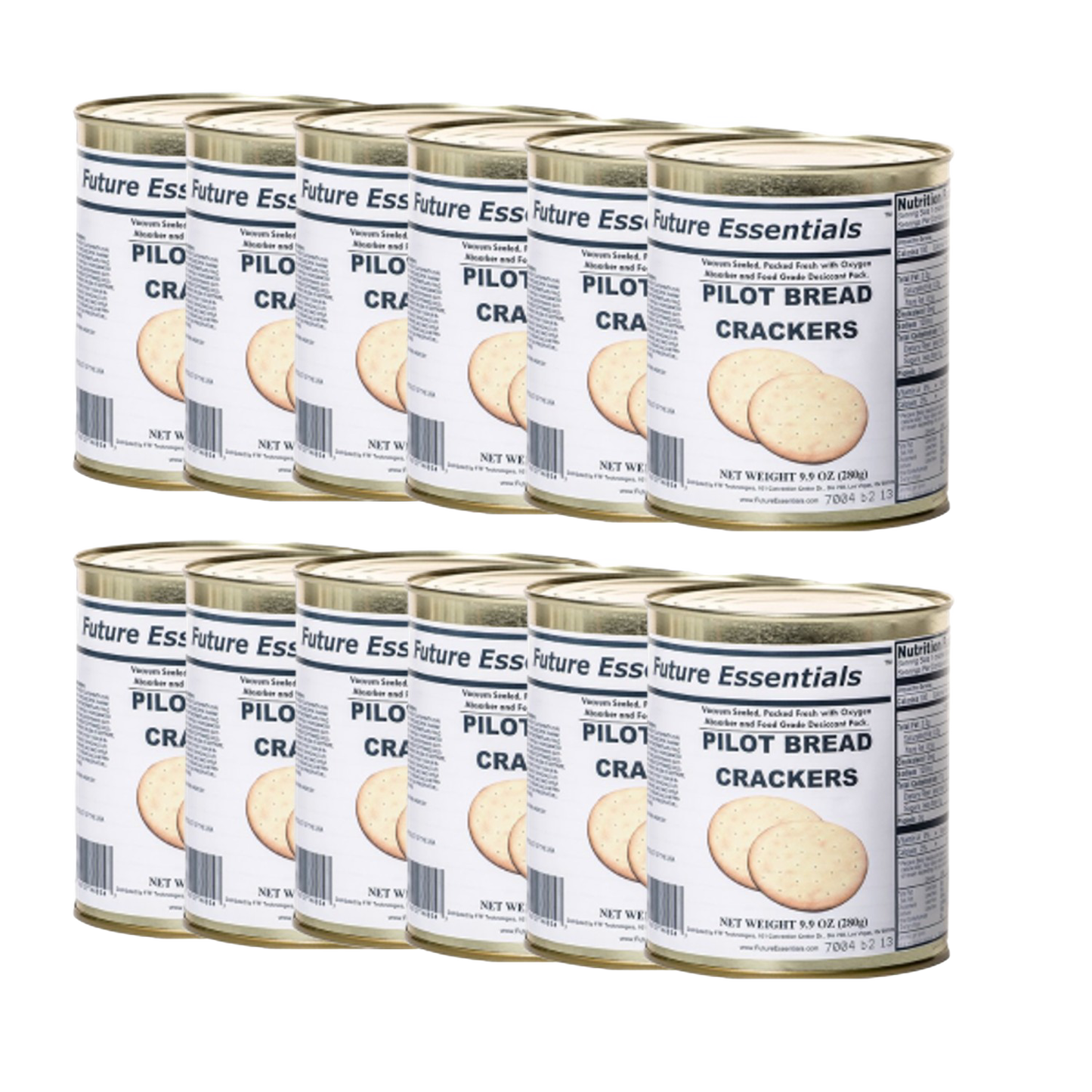 Two rows of metal cans containing vacuum-sealed emergency pilot bread crackers, packed with oxygen absorbers and food-grade desiccants, suitable for farm, garden, kitchen, and emergency supplies.