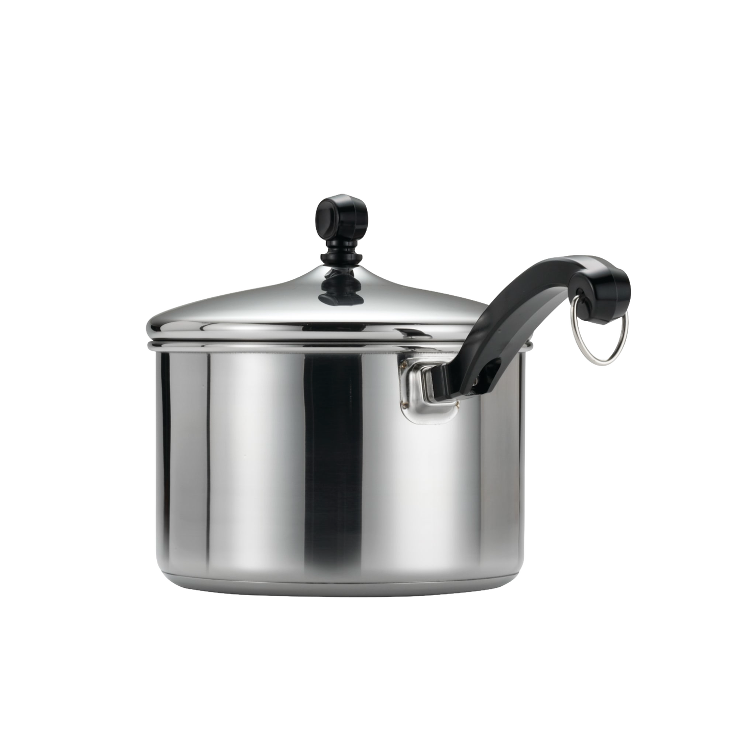 Polished stainless steel straining saucepan with a black handle and matching lid knob, part of Kitchen & Food, Cookware, Pots and Pans, and Best Sellers collections.