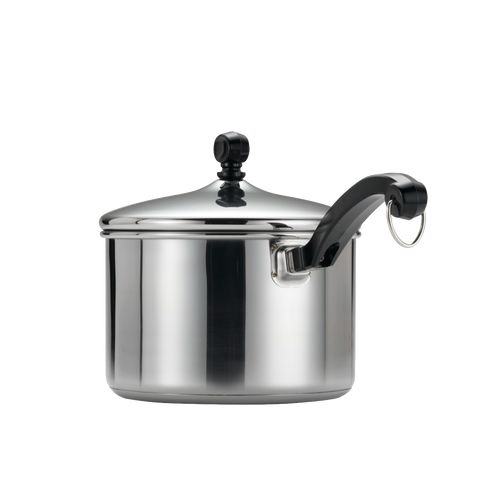 Polished stainless steel straining saucepan with a black handle and matching lid knob, part of Kitchen & Food, Cookware, Pots and Pans, and Best Sellers collections.