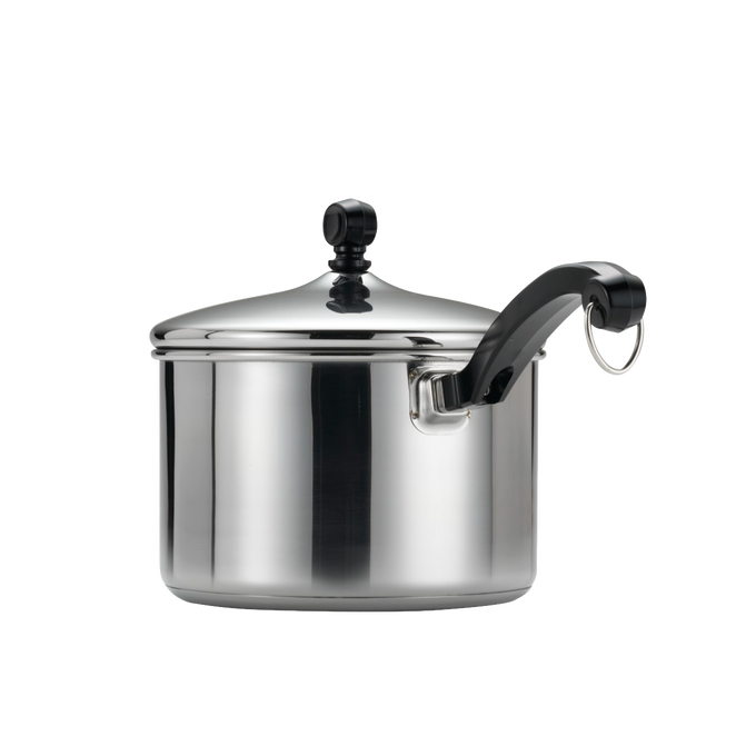 Polished stainless steel straining saucepan with a black handle and matching lid knob, part of Kitchen & Food, Cookware, Pots and Pans, and Best Sellers collections.
