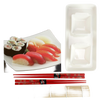 Handcrafted sushi starter set featuring a bamboo rolling mat, two pairs of red floral chopsticks, a serving plate with assorted sushi, and a rectangular sauce dish, ideal for Kitchen & Food and Cookbooks collections.