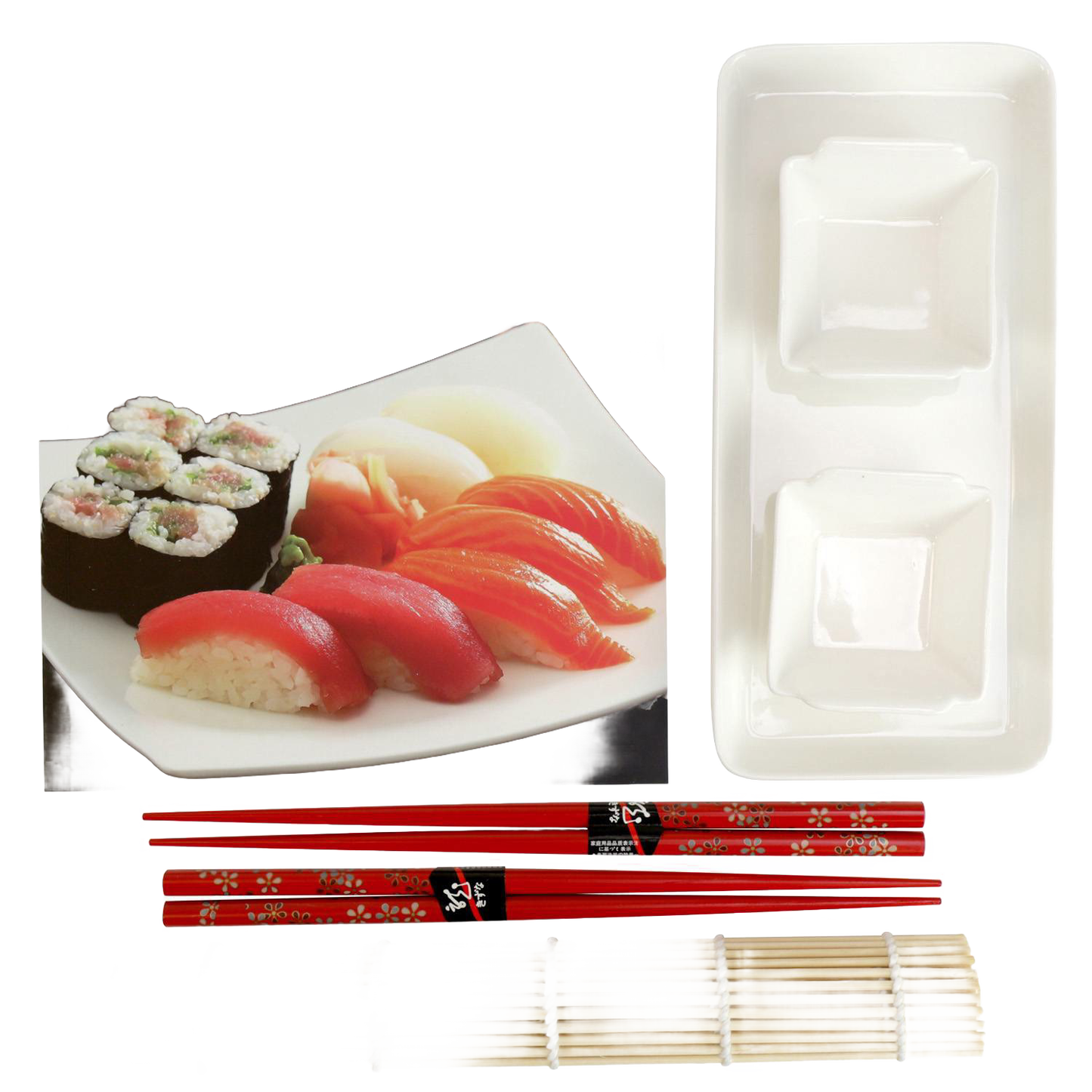 Handcrafted sushi starter set featuring a bamboo rolling mat, two pairs of red floral chopsticks, a serving plate with assorted sushi, and a rectangular sauce dish, ideal for Kitchen & Food and Cookbooks collections.