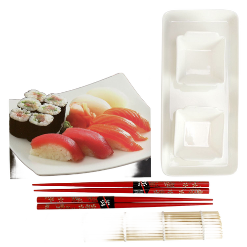 Handcrafted sushi starter set featuring a bamboo rolling mat, two pairs of red floral chopsticks, a serving plate with assorted sushi, and a rectangular sauce dish, ideal for Kitchen & Food and Cookbooks collections.