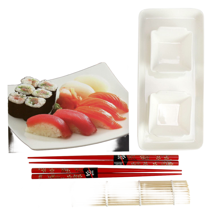 Handcrafted sushi starter set featuring a bamboo rolling mat, two pairs of red floral chopsticks, a serving plate with assorted sushi, and a rectangular sauce dish, ideal for Kitchen & Food and Cookbooks collections.