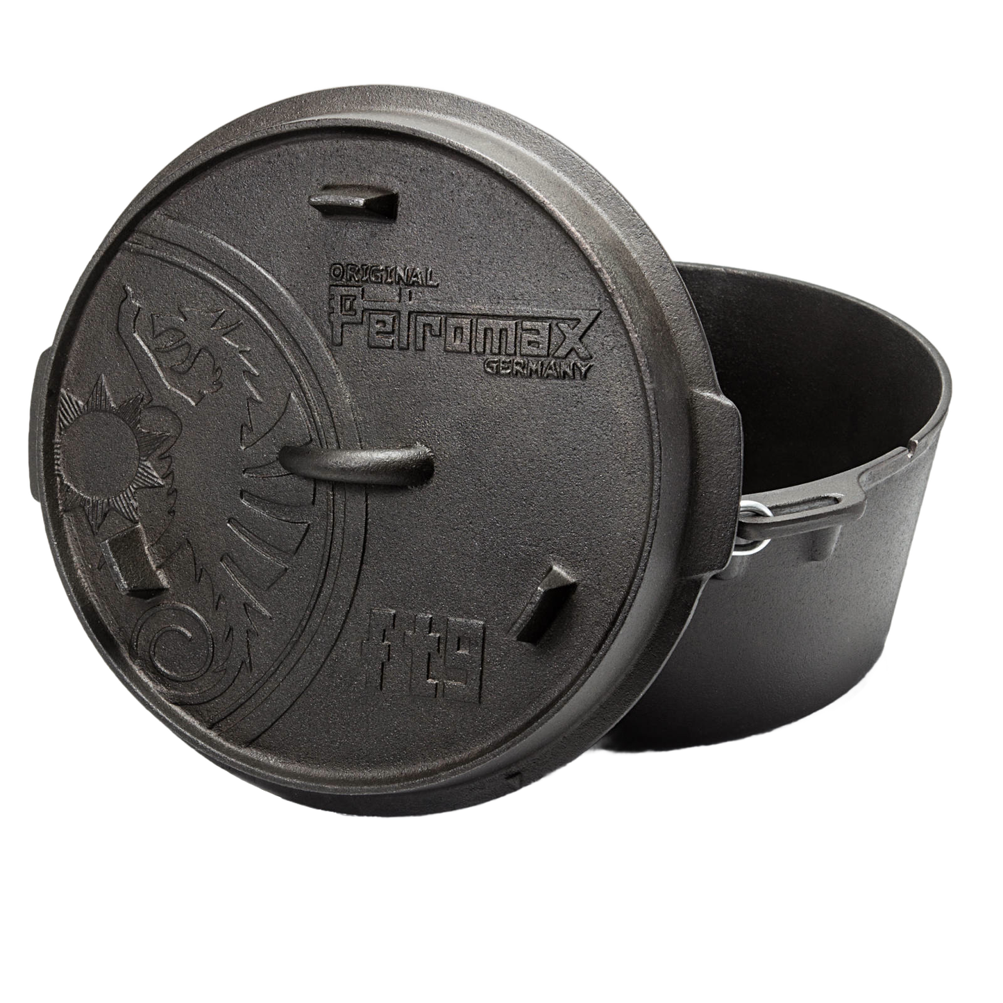 Heavy-duty cast iron Dutch oven with flat base and embossed lid featuring a dragon design, equipped with sturdy metal bail handle, ideal for Kitchen & Food, Cookware, Cast Iron, Best Sellers, Promo Eligible collections.