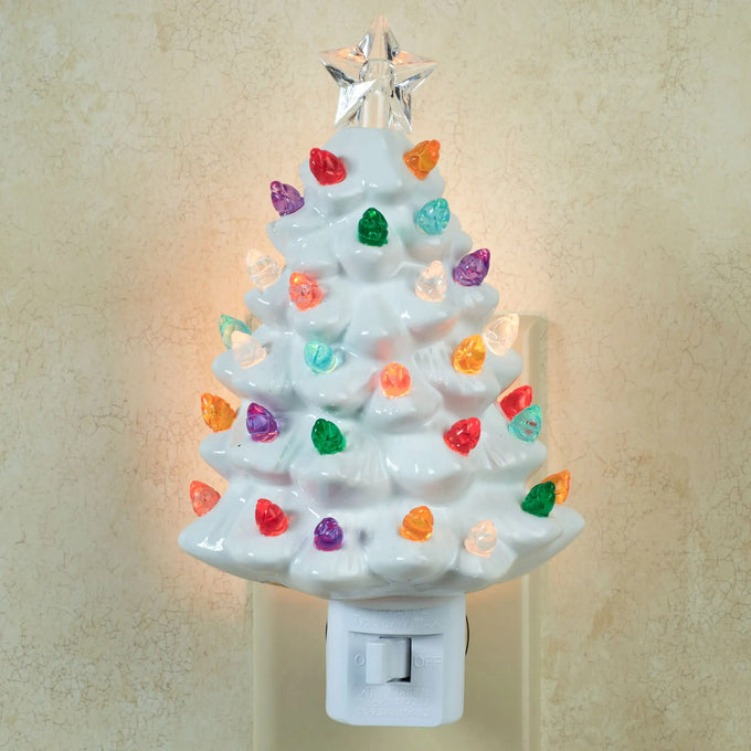 Handcrafted vintage-style ceramic Christmas tree nightlight with multicolored bulbs in purple, pink, green, red, yellow, blue, and clear, topped with a clear star, perfect for Home & Decor, Holiday Decor, Best Sellers, and Promo Eligible collections.