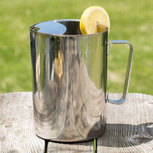 Polished stainless steel pitcher with a built-in ice guard and sturdy handle, shown outdoors on a wooden surface with a lemon slice garnish, featured in Kitchen & Food and Best Sellers collections.