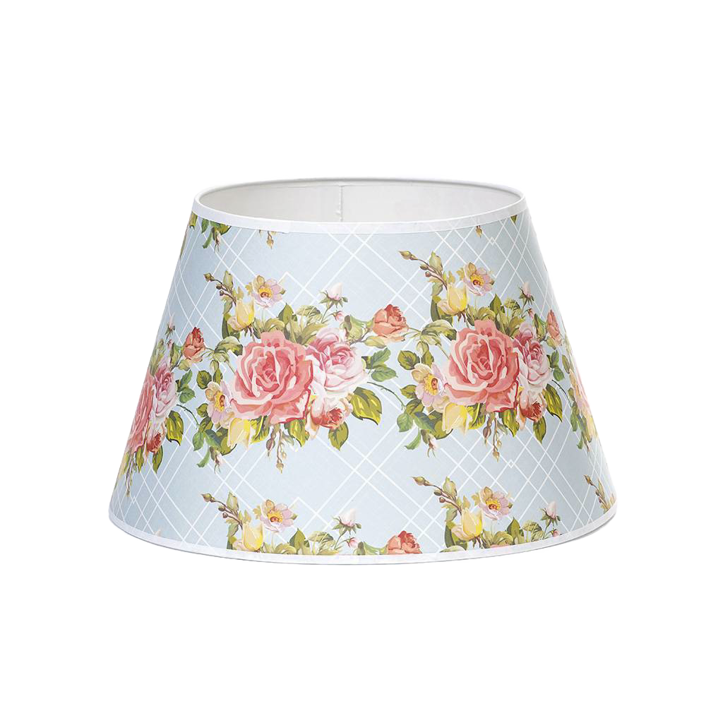 Parchment lamp shade with a soft blue lattice pattern and pink rose bouquet design, handcrafted to gently diffuse light; ideal for Lamps & Lighting, Lamp Shades, and Best Sellers collections.