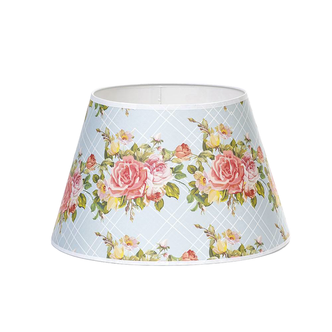 Parchment lamp shade with a soft blue lattice pattern and pink rose bouquet design, handcrafted to gently diffuse light; ideal for Lamps & Lighting, Lamp Shades, and Best Sellers collections.