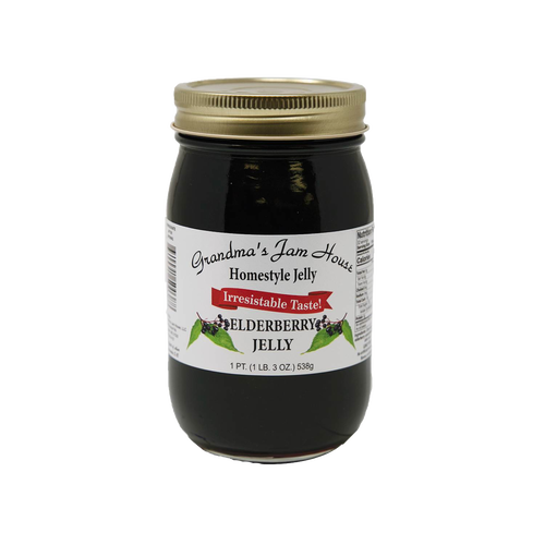 Jar of handcrafted elderberry jelly with gold lid and label featuring elderberries and leaves, made in USA, featured in Kitchen & Food, Pantry, Peanut Butter & Jellies, Best Sellers, and Promo Eligible collections.