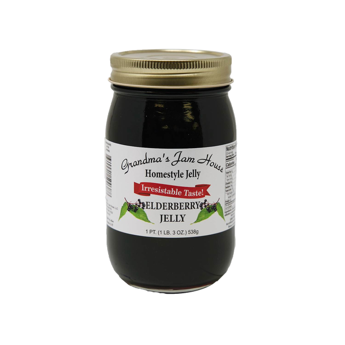 Jar of handcrafted elderberry jelly with gold lid and label featuring elderberries and leaves, made in USA, featured in Kitchen & Food, Pantry, Peanut Butter & Jellies, Best Sellers, and Promo Eligible collections.