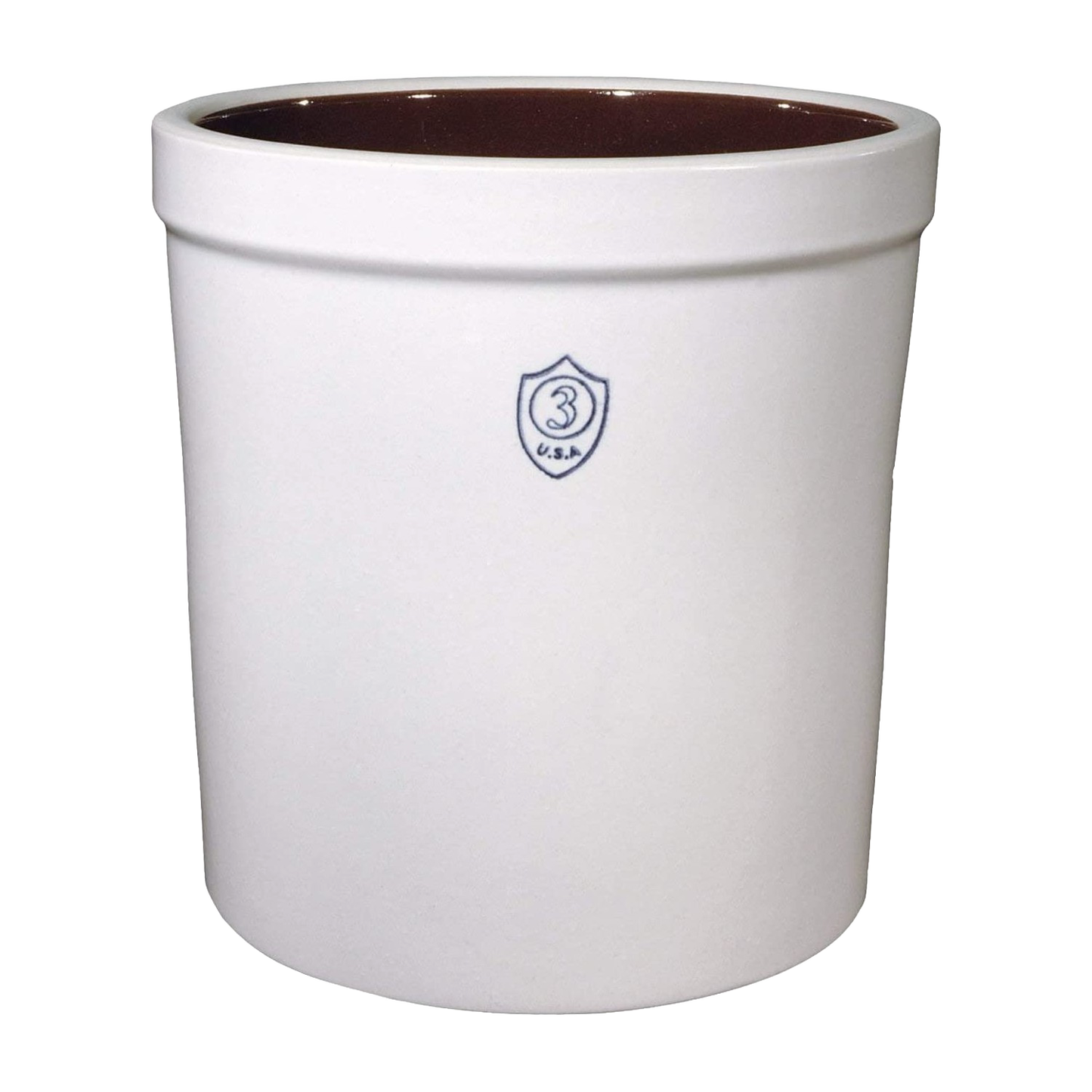 Handcrafted 3-gallon stoneware crock with smooth off-white exterior and dark brown glazed interior, marked with a blue number 3, made in USA, ideal for Kitchen & Food, Food Preservation, and Fermenting collections.