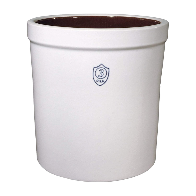 Handcrafted 3-gallon stoneware crock with smooth off-white exterior and dark brown glazed interior, marked with a blue number 3, made in USA, ideal for Kitchen & Food, Food Preservation, and Fermenting collections.