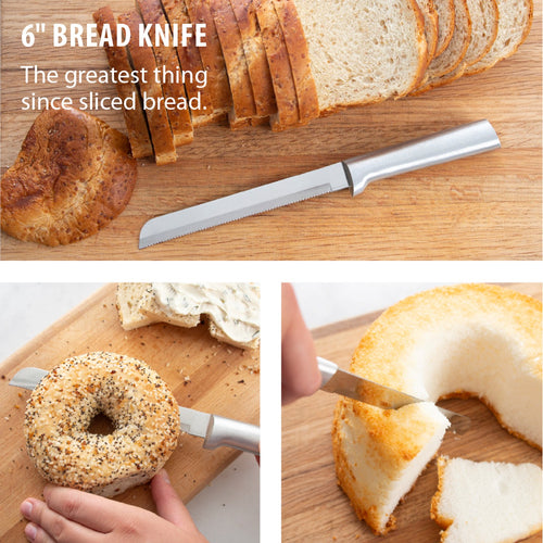 Handcrafted serrated bread knife with a sharp stainless steel blade and handle, made in USA; ideal for slicing crusty loaves, bagels, and soft bread in Farm, Garden & Tool and Kitchen & Food collections.