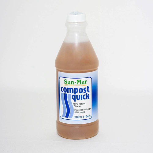 Bottle of natural compost cleaner labeled Compost Quick by Sun-Mar, 500ml, designed for maintaining composting toilets, featured in Appliances and Composting Toilets collections.