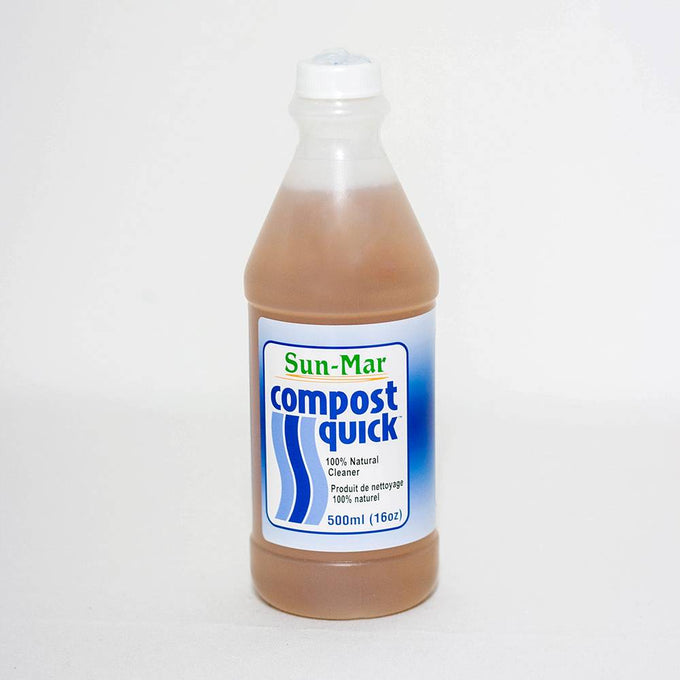 Bottle of natural compost cleaner labeled Compost Quick by Sun-Mar, 500ml, designed for maintaining composting toilets, featured in Appliances and Composting Toilets collections.