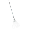 Adjustable garden rake with 15 steel tines and black rubber grips, expanding from narrow to wide for efficient leaf raking, perfect for farm, garden, and lawncare tasks.