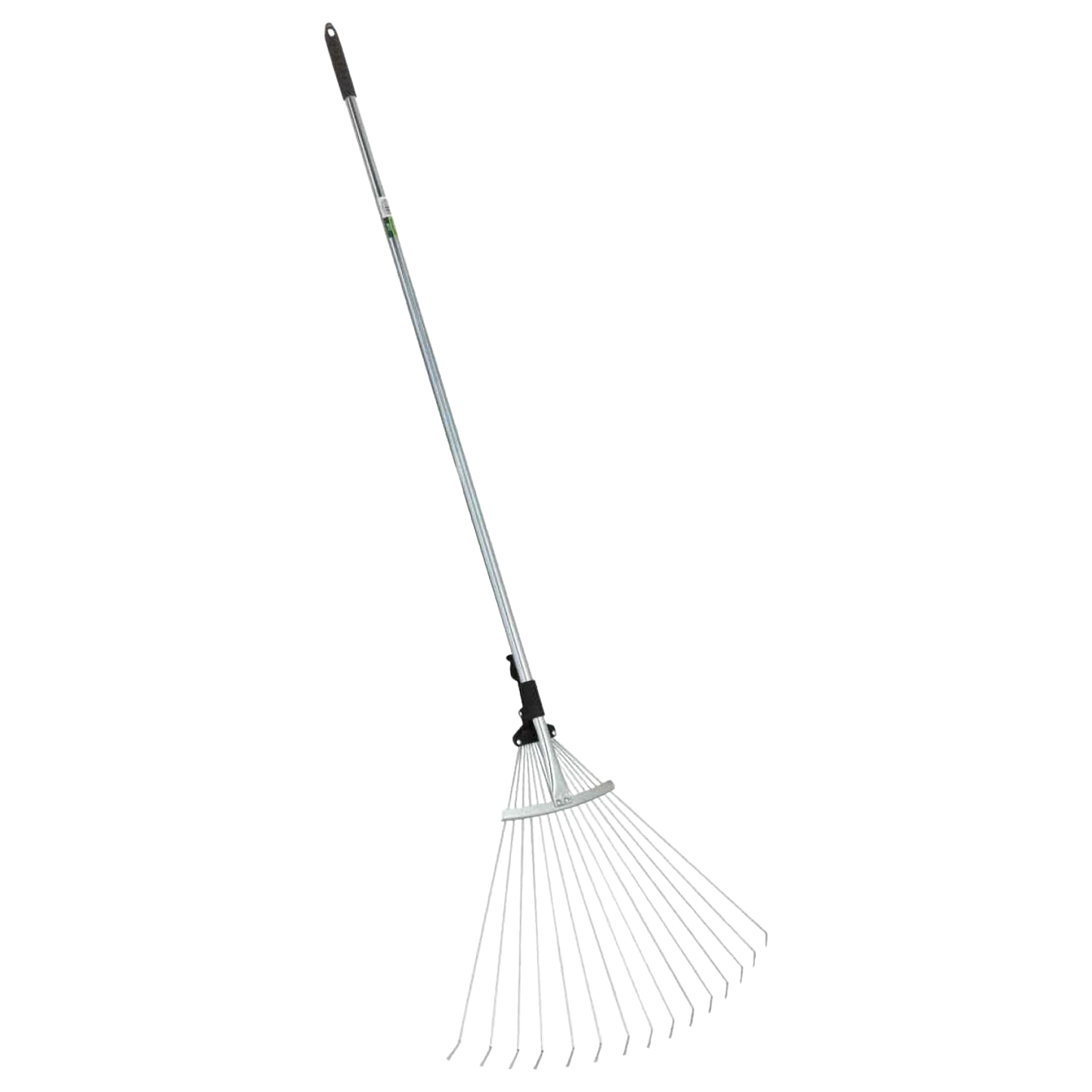 Adjustable garden rake with 15 steel tines and black rubber grips, expanding from narrow to wide for efficient leaf raking, perfect for farm, garden, and lawncare tasks.
