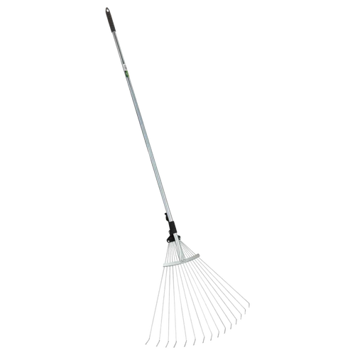 Adjustable garden rake with 15 steel tines and black rubber grips, expanding from narrow to wide for efficient leaf raking, perfect for farm, garden, and lawncare tasks.
