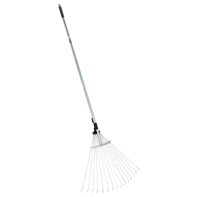 Adjustable garden rake with 15 steel tines and black rubber grips, expanding from narrow to wide for efficient leaf raking, perfect for farm, garden, and lawncare tasks.