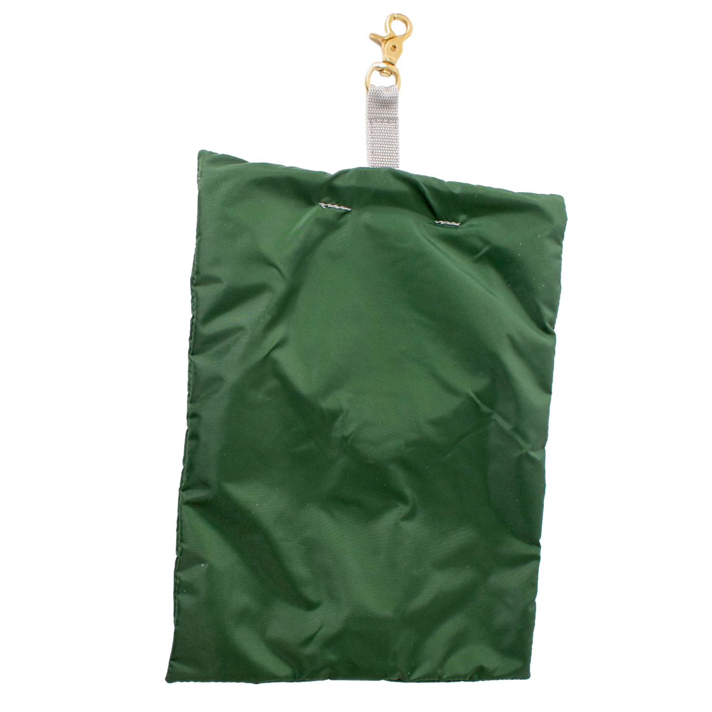 Handcrafted Amish clothespin bag in dark green fabric with a wooden dowel shape support and brass clip, made in USA for Home & Decor, Laundry Supplies, and Clothesline Accessories collections.