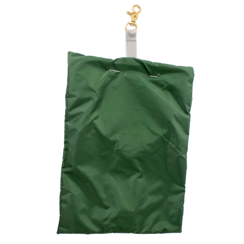 Handcrafted Amish clothespin bag in dark green fabric with a wooden dowel shape support and brass clip, made in USA for Home & Decor, Laundry Supplies, and Clothesline Accessories collections.