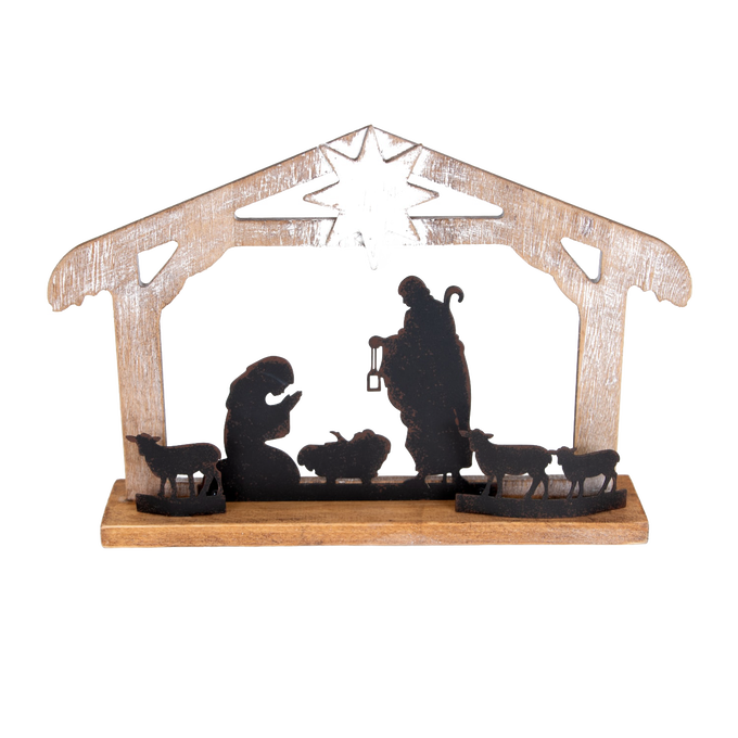 Handcrafted wooden nativity display with weathered finish, featuring metal silhouettes of the Holy Family and animals under a star, perfect for Home & Decor and Holiday Decor collections.