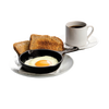 Small cast iron skillet with a cooked sunny-side-up egg, served on a white plate alongside two slices of toasted bread and a cup of black coffee, ideal for kitchen and cookware collections.