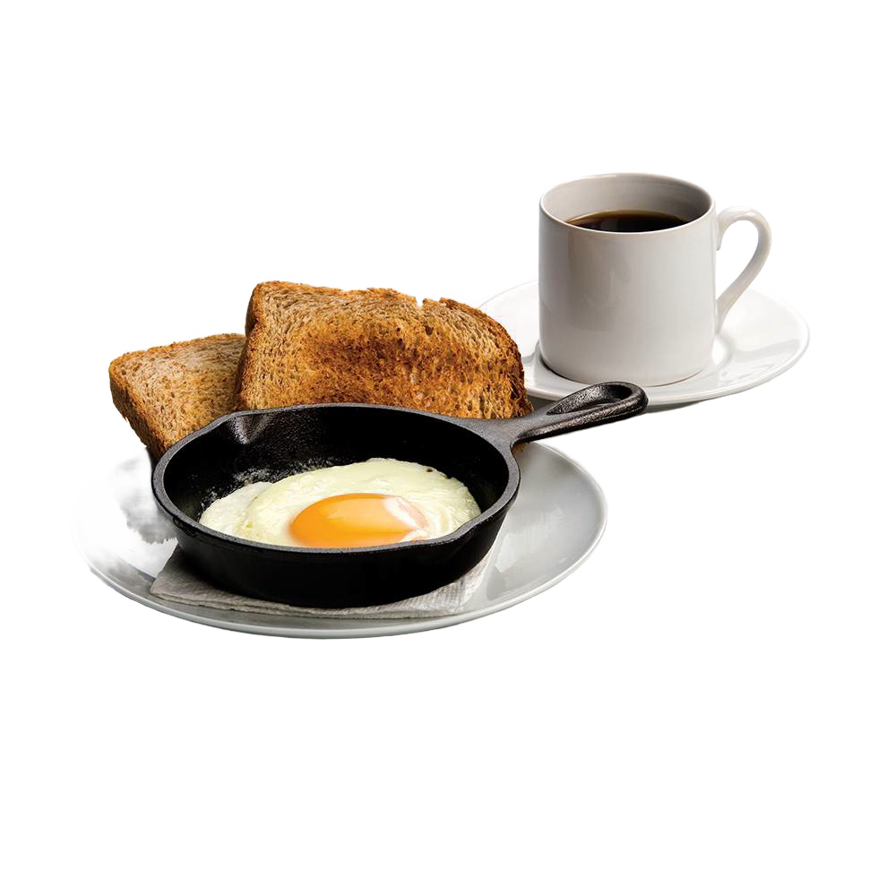 Small cast iron skillet with a cooked sunny-side-up egg, served on a white plate alongside two slices of toasted bread and a cup of black coffee, ideal for kitchen and cookware collections.