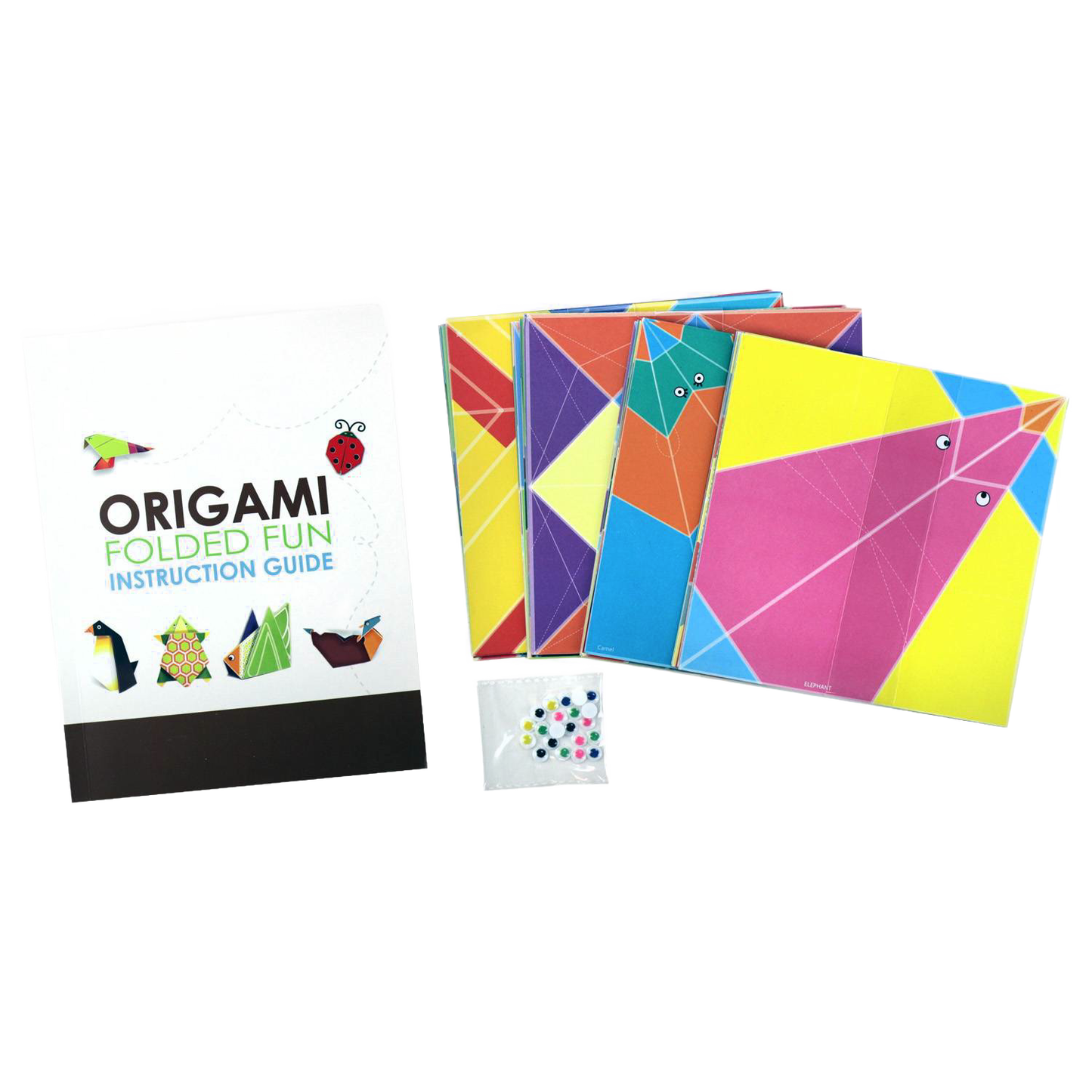 Origami kit for beginners including a detailed instruction guide, colorful folding papers with patterns for birds and animals, and a small pack of googly eyes, part of Toys, Books & Games, Children's Toys, Arts and Crafts, Best Sellers, and Promo Eligible collections.