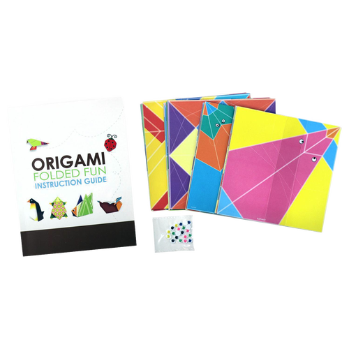 Origami kit for beginners including a detailed instruction guide, colorful folding papers with patterns for birds and animals, and a small pack of googly eyes, part of Toys, Books & Games, Children's Toys, Arts and Crafts, Best Sellers, and Promo Eligible collections.