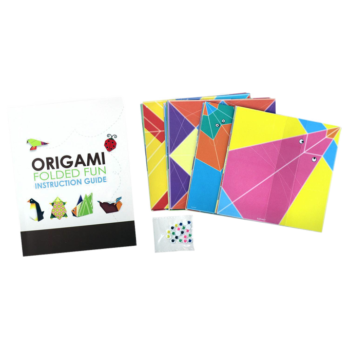 Origami kit for beginners including a detailed instruction guide, colorful folding papers with patterns for birds and animals, and a small pack of googly eyes, part of Toys, Books & Games, Children's Toys, Arts and Crafts, Best Sellers, and Promo Eligible collections.