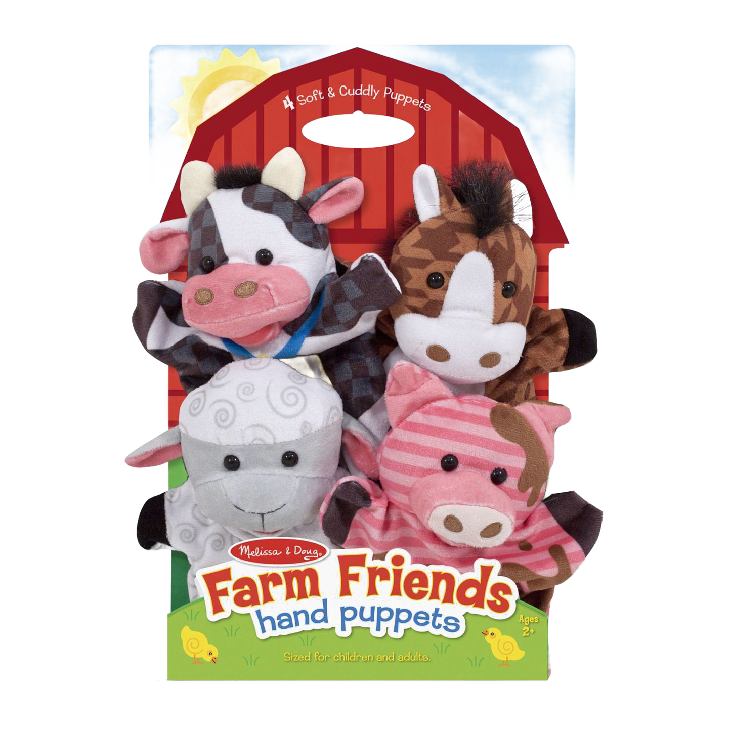 Set of four soft and colorful farm animal hand puppets made with washable patterned fabrics, perfect for imaginative play in Toys, Books & Games and Children's Toys collections.