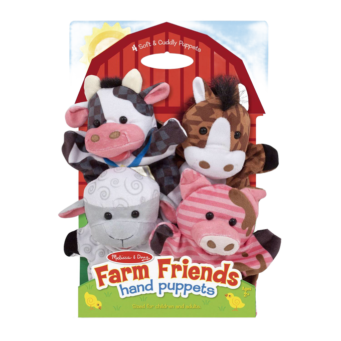 Set of four soft and colorful farm animal hand puppets made with washable patterned fabrics, perfect for imaginative play in Toys, Books & Games and Children's Toys collections.