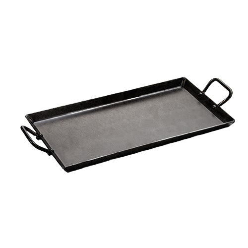 Rectangular seasoned steel outdoor griddle with sturdy riveted steel handles, solid 12 gauge construction, designed for grilling and camping; featured in Farm, Garden & Tool, Stoves, Camping, Grilling, Best Sellers, and Promo Eligible collections.